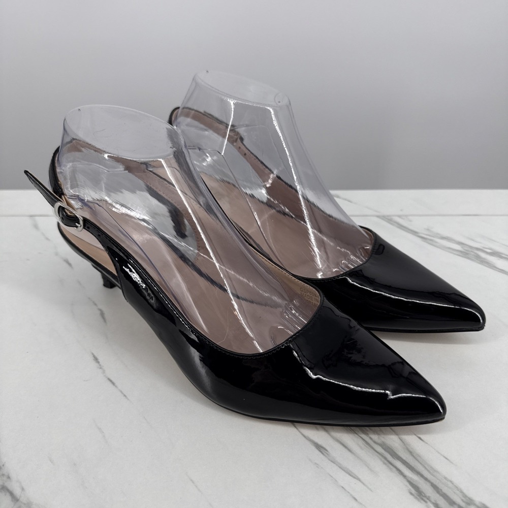 GENSHUO Women's Black Patent Slingback Kitten Heel Pumps Size 9 Pointed Toe